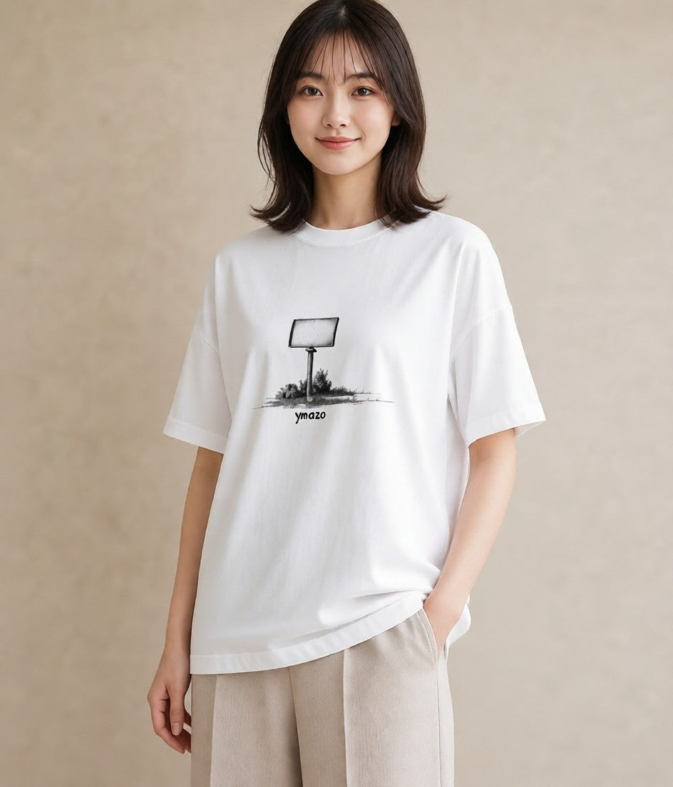 Tシャツ レディース 駅のホーム ローカル線 駅 ナチュラル アンティーク イラスト 北欧風 海 カフェ巡り 白T YMAZO