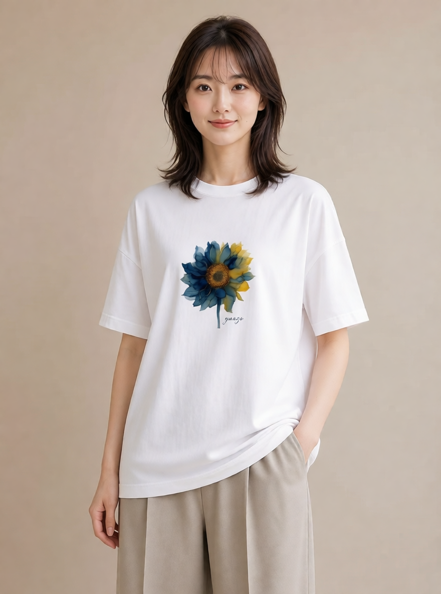 プリントTシャツ レディース ひまわり 向日葵 花 花柄 イラスト 抜け感 部屋着 女性向けギフト 白T