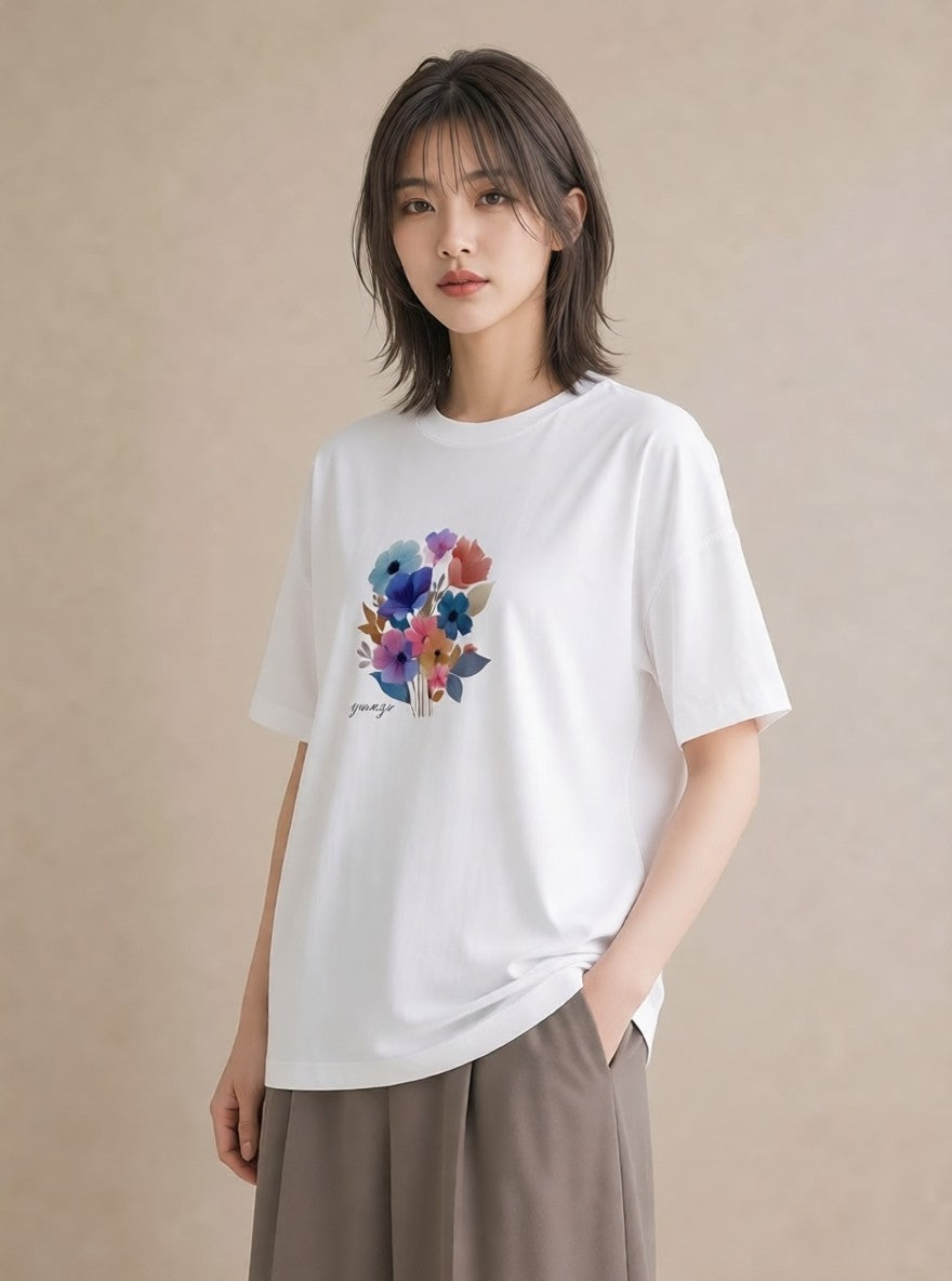 Tシャツ レディース パンジー 花 花柄 イラスト ユニーク クリスマス 旅行 白T YMAZO