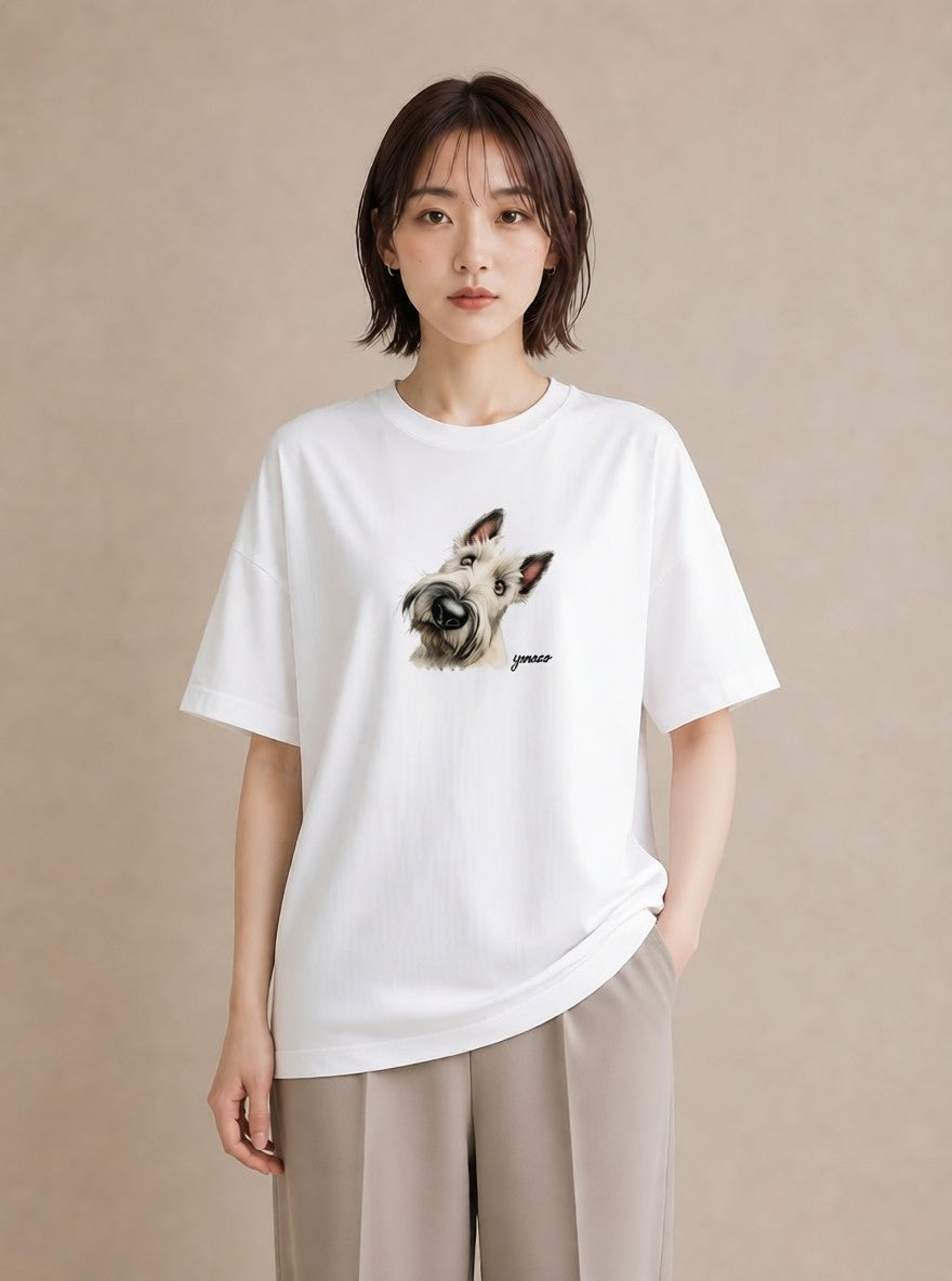 デザインTシャツ レディース ミニチュアシュナウザー 犬 いぬ イラスト 淡色 通勤 在宅 白T YMAZO
