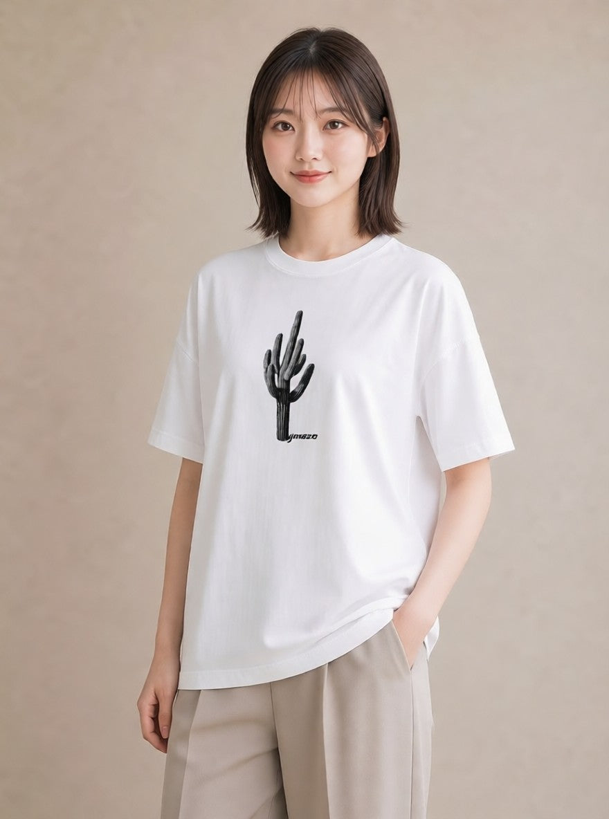 プリントTシャツ レディース サボテン 植物 ボタニカル イラスト ニュアンス 夏コーデ 通学 白T YMAZO