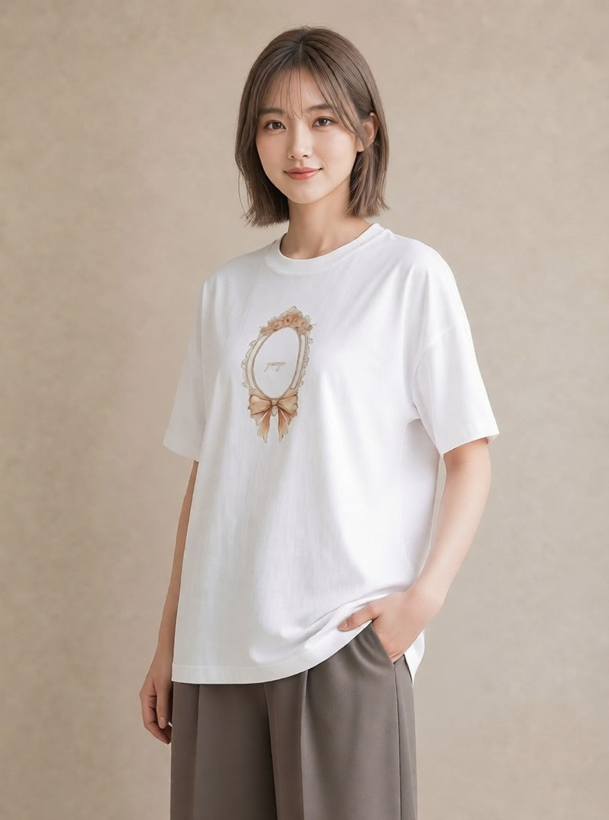 Tシャツ レディース レースハンカチ レース ハンカチ ナチュラル アンティーク イラスト 抜け感 送別ギフト 通勤 白T YMAZO
