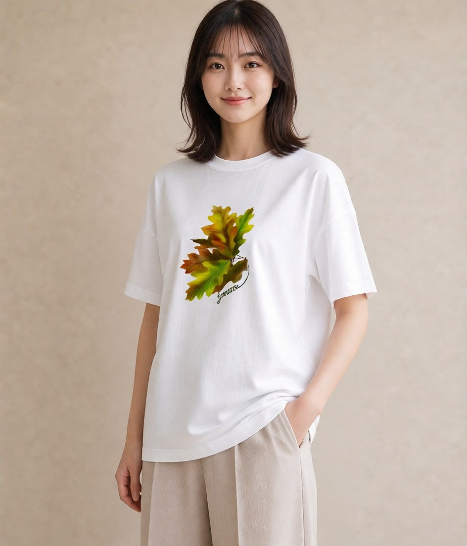 グラフィックTシャツ レディース 落ち葉 植物 ボタニカル イラスト ミセス 春コーデ 白T YMAZO