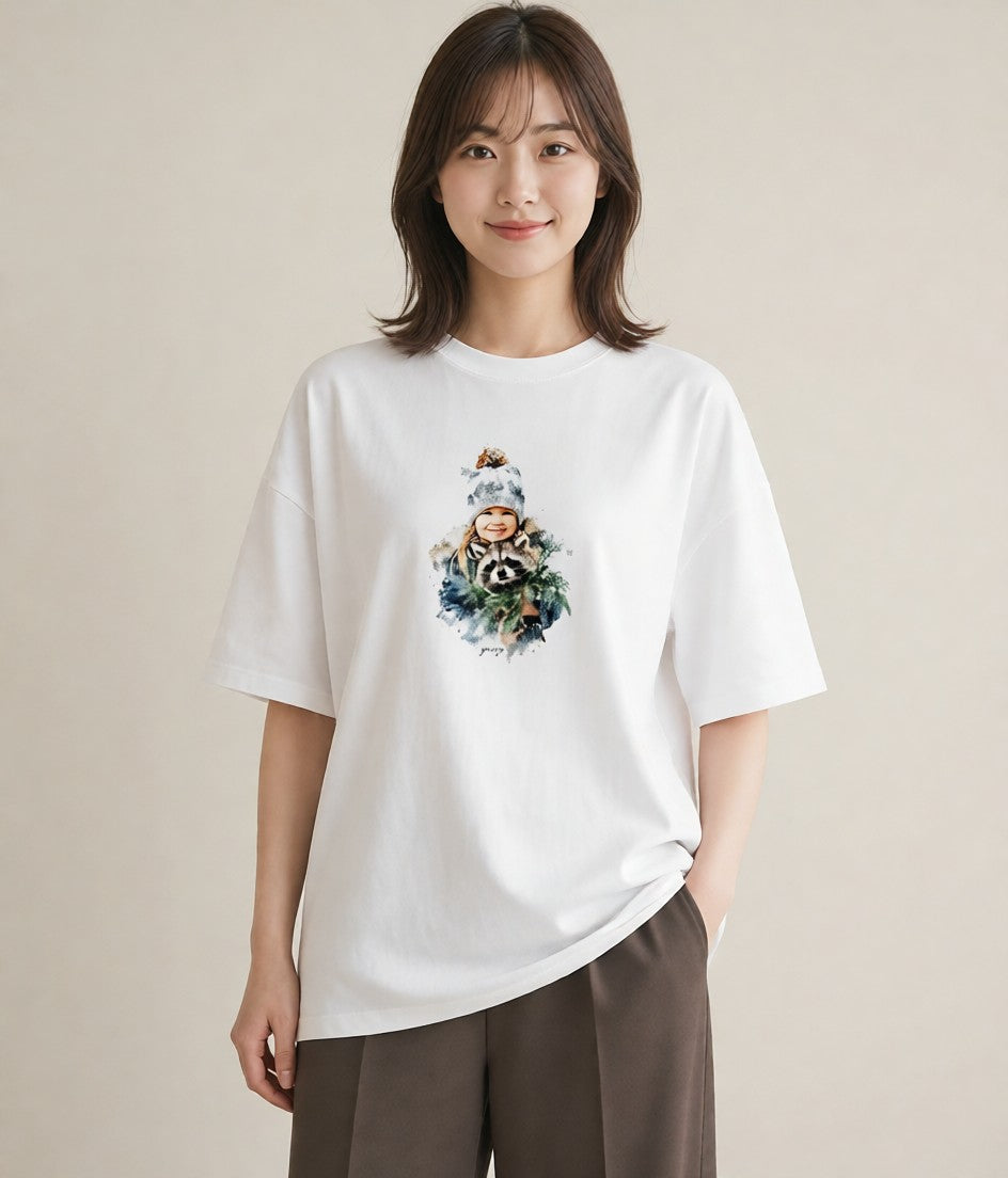半袖Tシャツ レディース たぬき 動物 アニマル イラスト シック お揃い 親子 白T YMAZO
