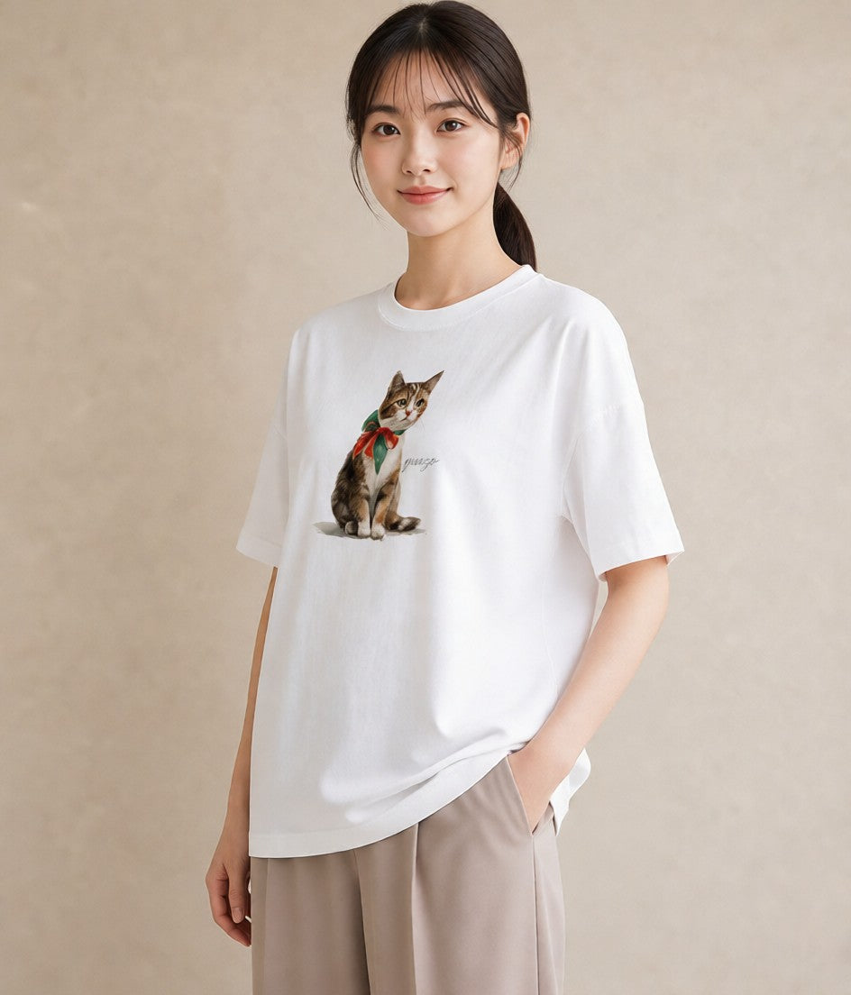 デザインTシャツ レディース 猫 ねこ イラスト ゆるコーデ 帰省 ラフ 白T YMAZO
