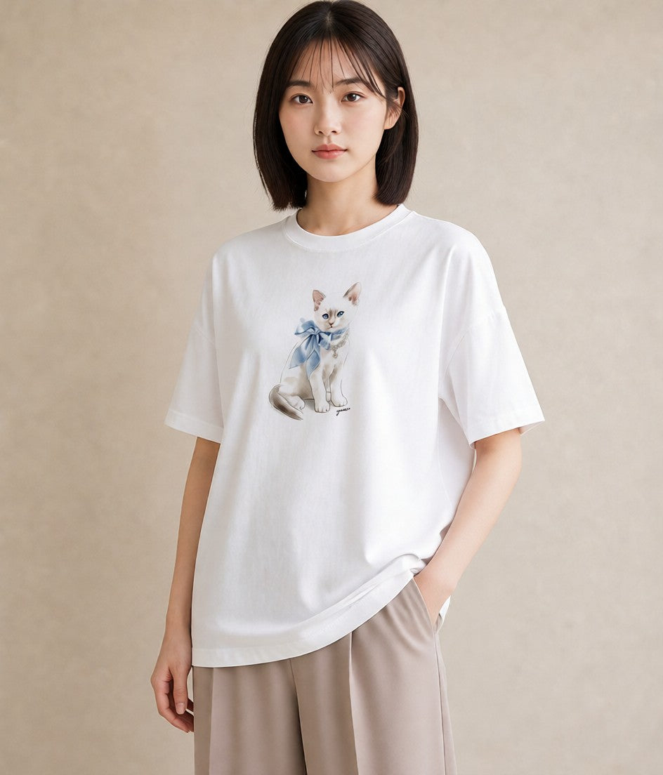 グラフィックTシャツ レディース ロシアンブルー 猫 ねこ イラスト ユニーク ラフ レイヤード 白T YMAZO