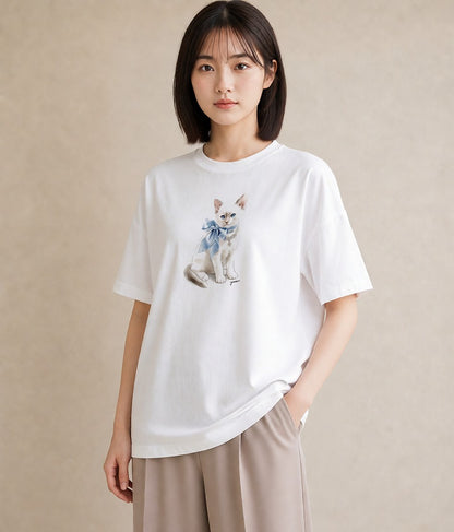グラフィックTシャツ レディース ロシアンブルー 猫 ねこ イラスト ユニーク ラフ レイヤード 白T YMAZO