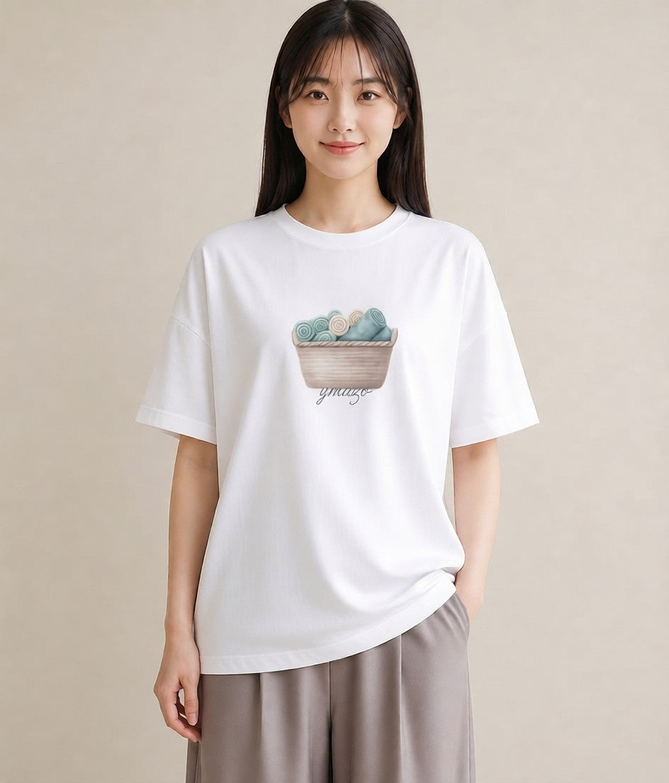 Tシャツ レディース 自転車のかご 自転車 花かご ナチュラル アンティーク イラスト 個性的 週末コーデ 敬老の日 白T YMAZO