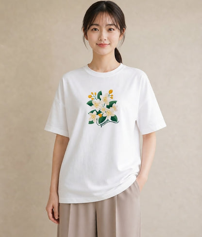 半袖Tシャツ レディース 金木犀 花 花柄 イラスト 線画 旅行 母娘コーデ 白T YMAZO