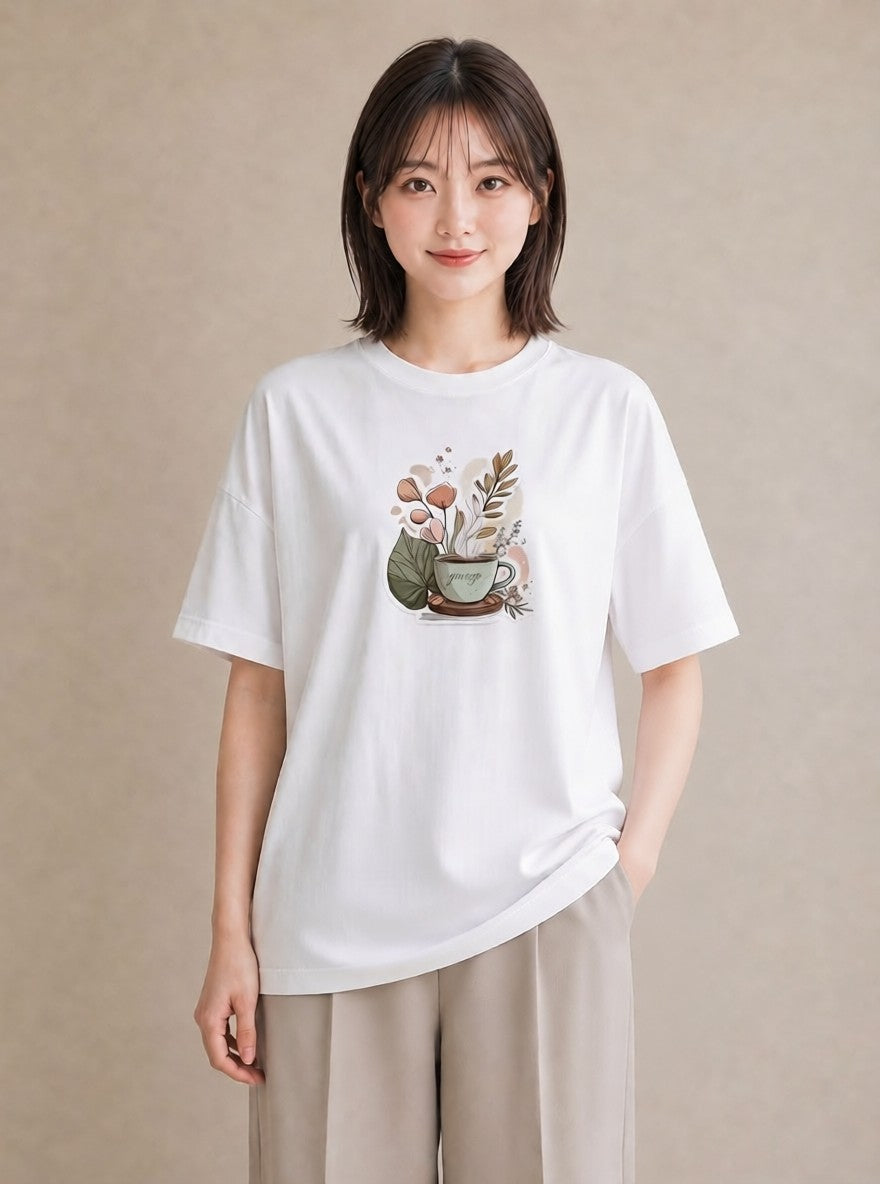 Tシャツ レディース 紅茶 食べ物 フード イラスト きれいめカジュアル お出かけ 普段着 白T YMAZO