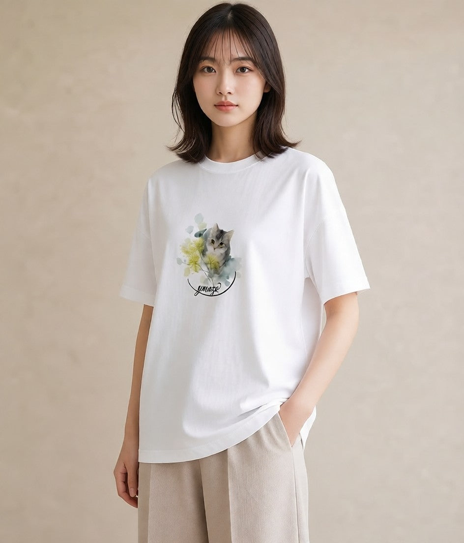 デザインTシャツ レディース 猫の手 猫 ねこ イラスト きれいめ 買い物 夏コーデ 白T YMAZO
