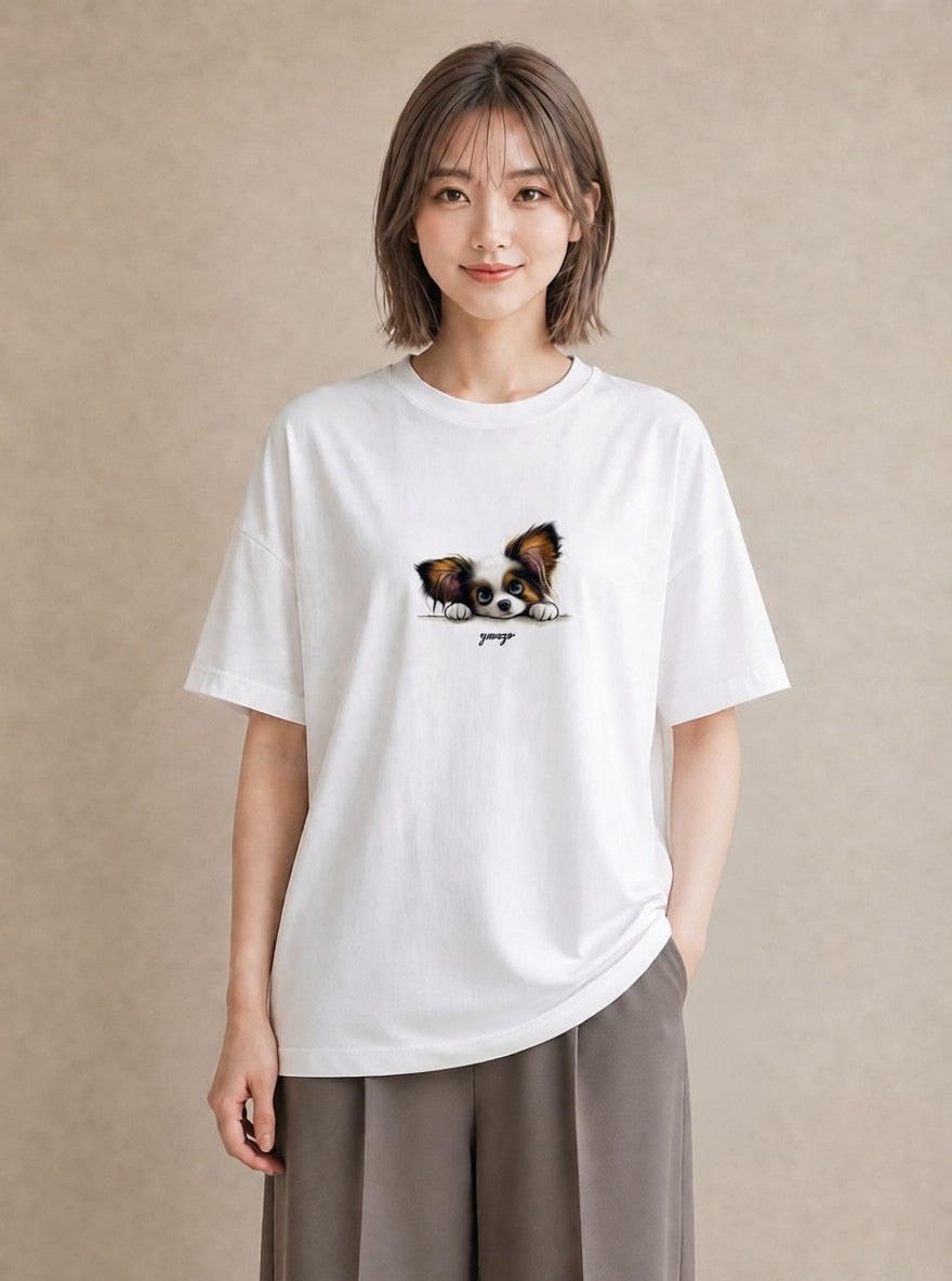 デザインTシャツ レディース パピヨン 犬 いぬ イラスト 線画 ホワイトデー 春服 白T YMAZO