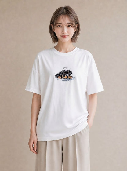 グラフィックTシャツ レディース 黒柴 犬 いぬ イラスト 抜け感 在宅 公園 白T YMAZO