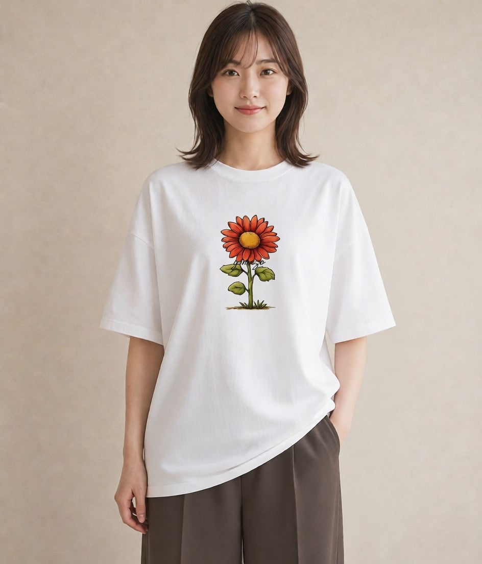 プリントTシャツ レディース ひまわり 向日葵 花 花柄 イラスト カフェコーデ 普段着 週末コーデ 白T