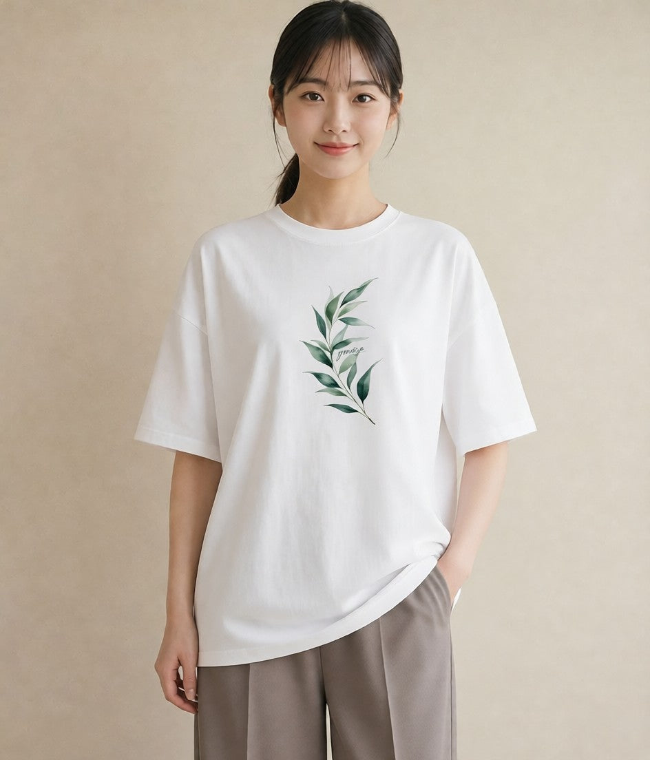 デザインTシャツ レディース シダ 植物 ボタニカル イラスト 抜け感 綿100 デート 白T YMAZO
