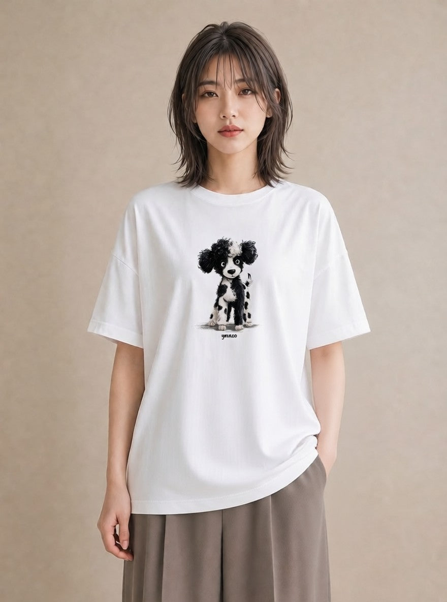 プリントTシャツ レディース トイプードル プードル 犬 いぬ イラスト カフェコーデ 誕生日プレゼント 綿100 白T YMAZO