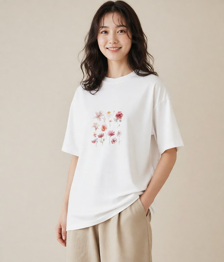 プリントTシャツ レディース コスモス 秋桜 花 花柄 イラスト 韓国風 部屋着 女性向けギフト 白T
