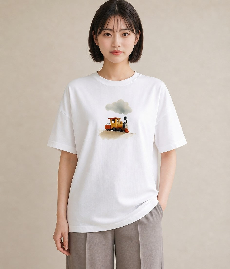 Tシャツ レディース 駅のホーム ローカル線 駅 ナチュラル アンティーク イラスト アート風 公園 ママ 白T YMAZO