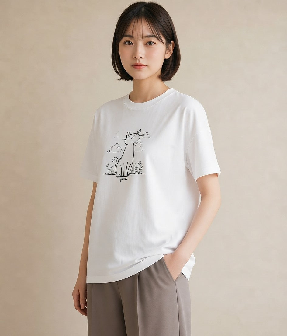 プリントTシャツ レディース 猫 ねこ ネコ イラスト モード 女性 旅行用 白T YMAZO