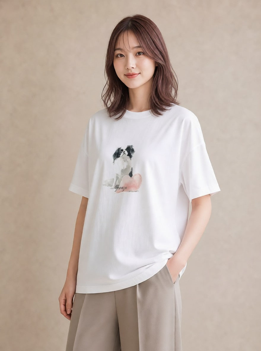 プリントTシャツ レディース 狆 犬 いぬ イラスト モード 友達ギフト 部屋着 白T YMAZO