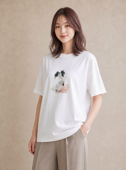プリントTシャツ レディース 狆 犬 いぬ イラスト モード 友達ギフト 部屋着 白T YMAZO