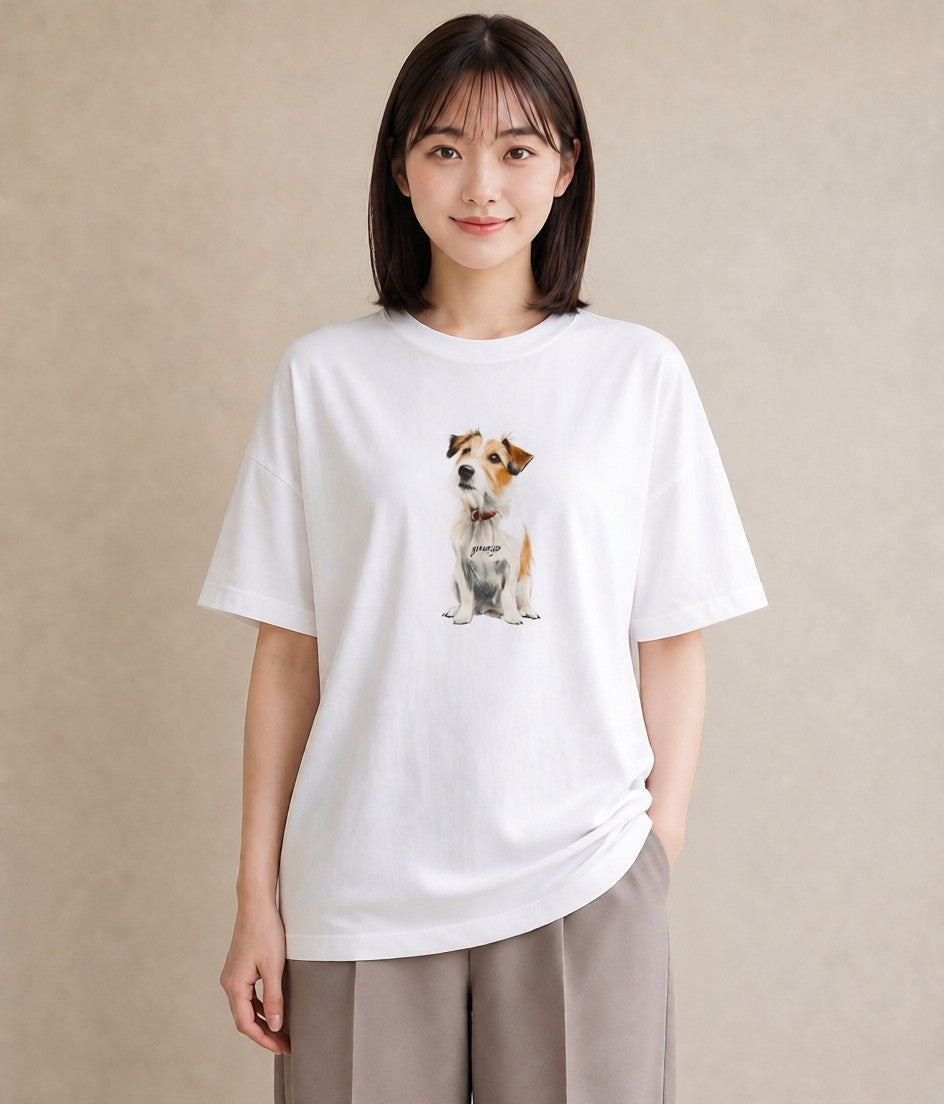 半袖Tシャツ レディース ジャックラッセルテリア 犬 いぬ イラスト 抜け感 週末コーデ 敬老の日 白T YMAZO