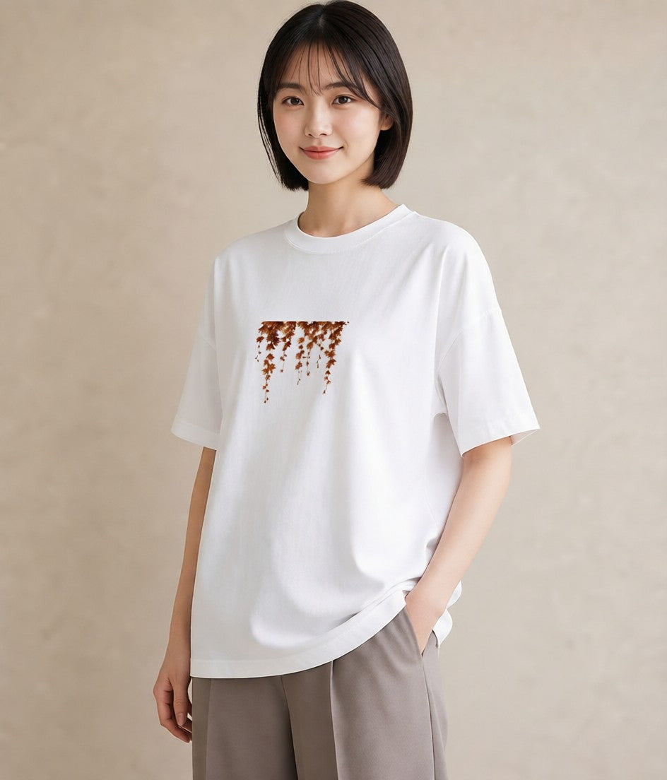 グラフィックTシャツ レディース 落ち葉 植物 ボタニカル イラスト ミニマル おしゃれギフト 社会人 白T YMAZO
