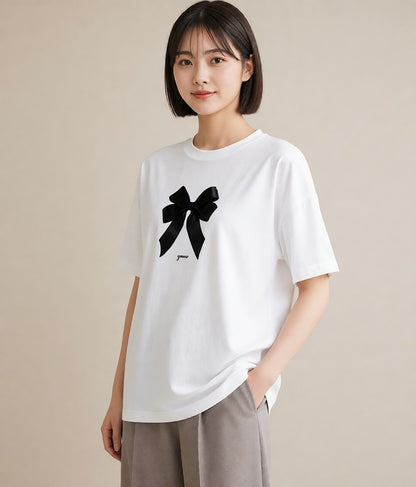 グラフィックTシャツ レディース リボン ボウ りぼん イラスト カフェコーデ お出かけ 普段着 白T YMAZO