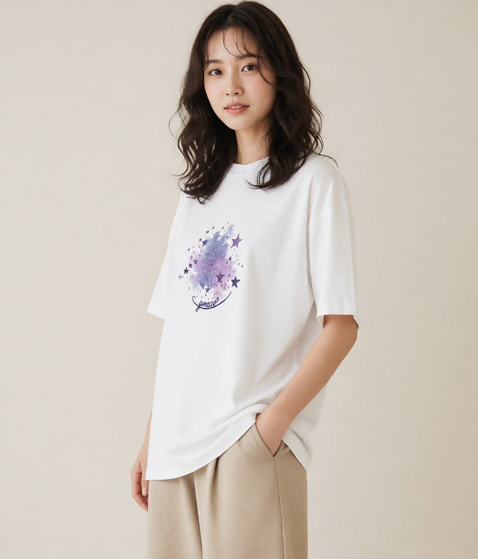 プリントTシャツ レディース 星空 宇宙 イラスト モード 20代 カジュアルコーデ 白T YMAZO