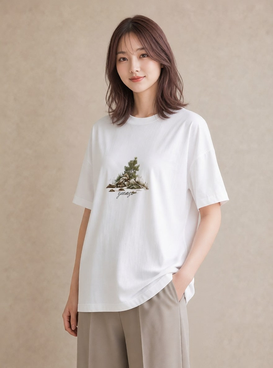 半袖Tシャツ レディース 松ぼっくり 植物 ボタニカル イラスト フェミニン 公園 ママ 白T YMAZO