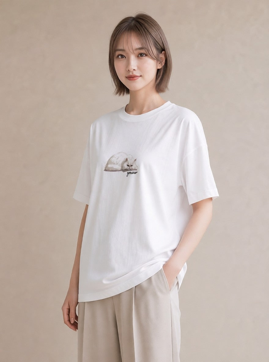 デザインTシャツ レディース スコティッシュフォールド 猫 ねこ イラスト 母の日 ビーチ 白T YMAZO