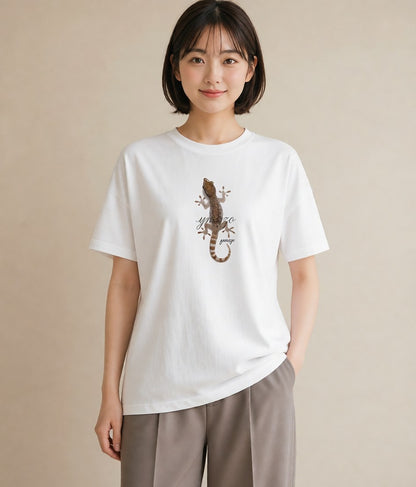 プリントTシャツ レディース レオパ ペット 動物 イラスト 北欧風 カフェ巡り 女子会 白T YMAZO