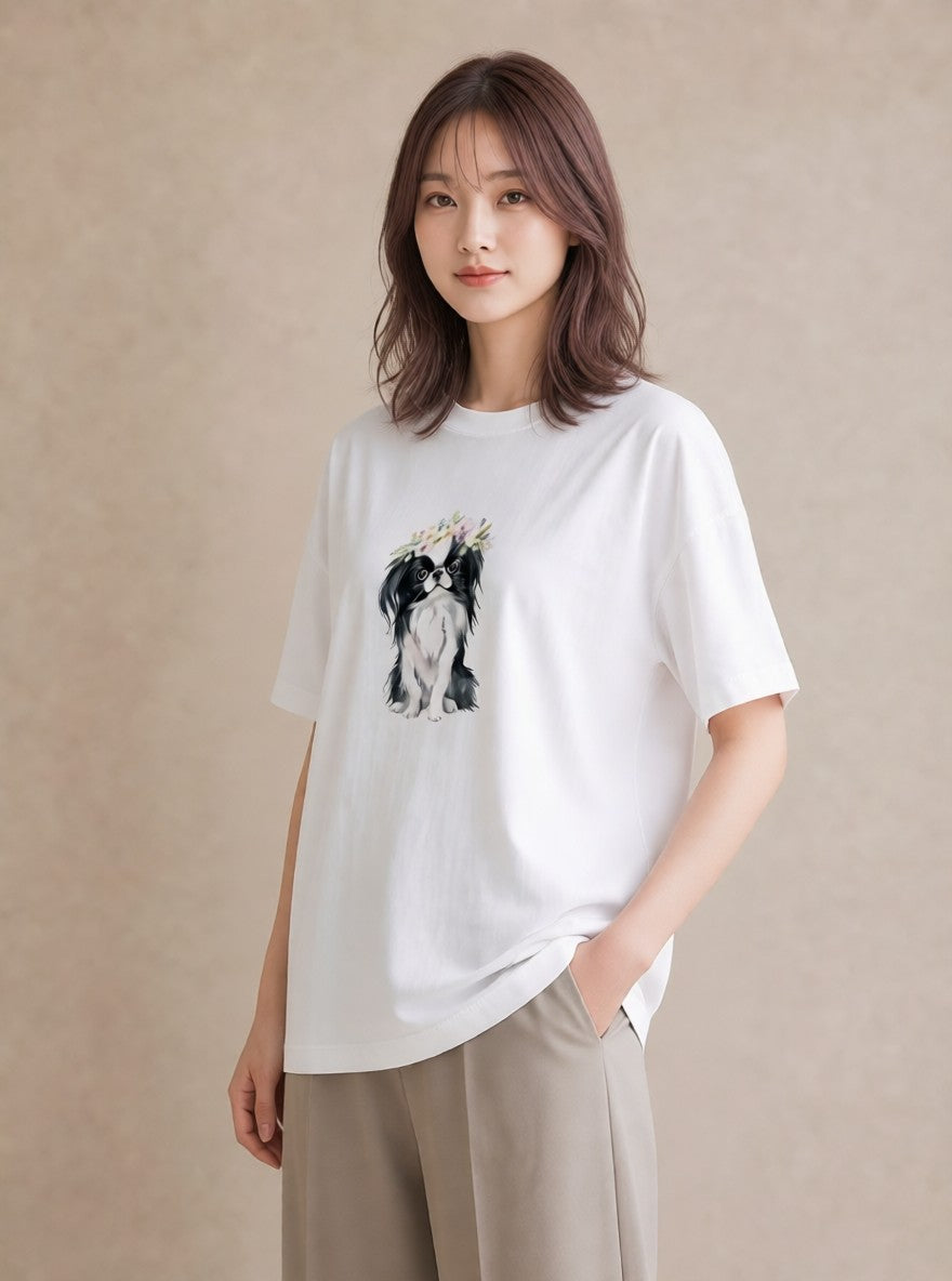Tシャツ レディース 狆 犬 いぬ イラスト フェミニン ペアコーデ 秋コーデ 白T YMAZO