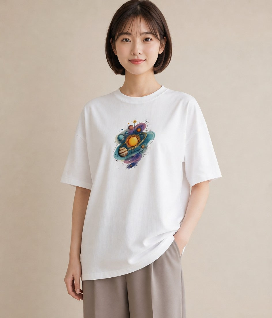 デザインTシャツ レディース 土星 星空 宇宙 イラスト ボタニカル 夏コーデ 通学 白T YMAZO
