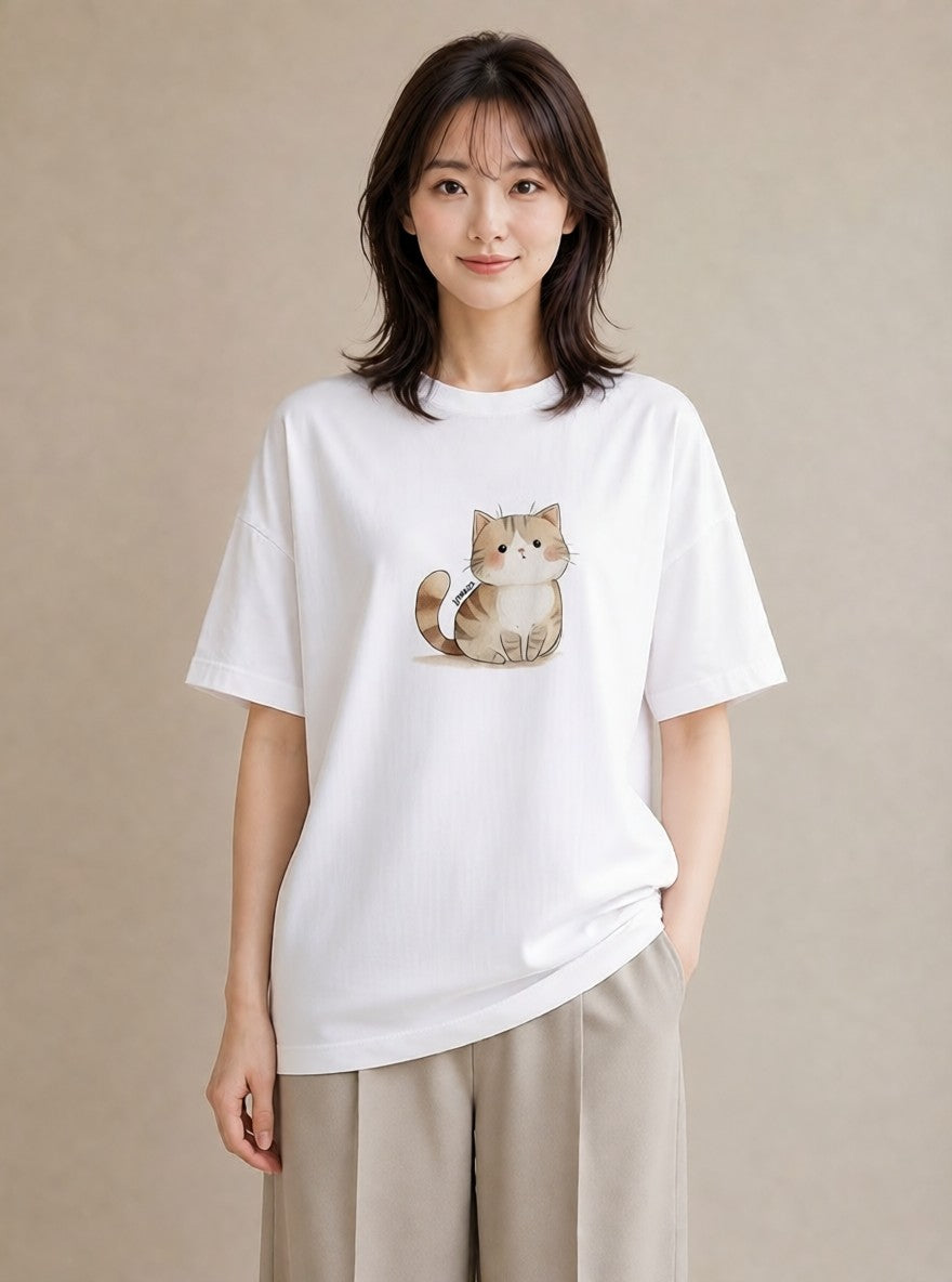 半袖Tシャツ レディース しっぽ 猫 ねこ イラスト きれいめカジュアル お揃い 親子 白T YMAZO