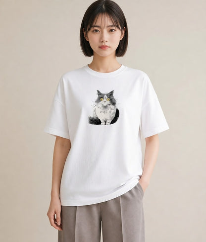 Tシャツ レディース ペルシャ 猫 ねこ イラスト 北欧風 買い物 夏コーデ 白T YMAZO