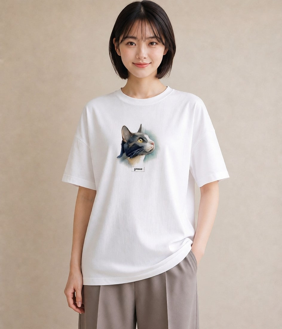 半袖Tシャツ レディース ハチワレ 白黒猫 猫 ねこ イラスト きれいめ ラフ レイヤード 白T YMAZO