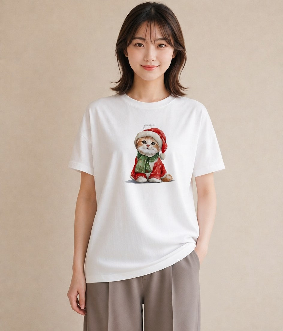 半袖Tシャツ レディース スコティッシュフォールド 猫 ねこ イラスト 線画 親子 20代 白T YMAZO