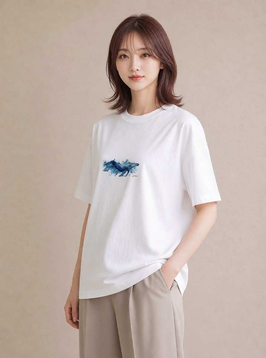 半袖Tシャツ レディース クジラ 海の生き物 海 イラスト ラフ 自分用 ルームウェア 白T YMAZO