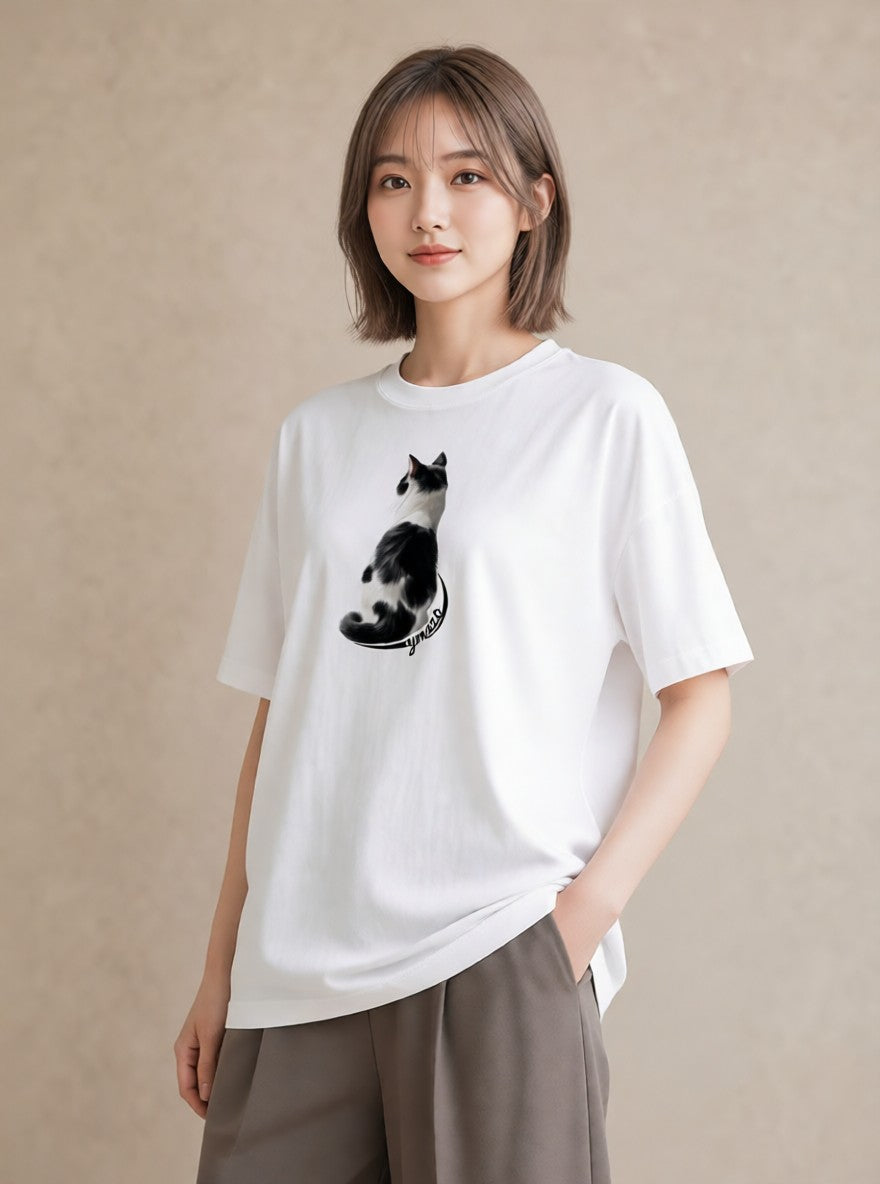 プリントTシャツ レディース メインクーン 猫 ねこ イラスト ラフカジュアル 自分用 ルームウェア 白T YMAZO