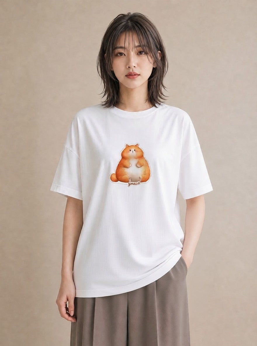 半袖Tシャツ レディース 茶トラ 茶猫 猫 ねこ イラスト ニュアンス 旅行 母娘コーデ 白T YMAZO