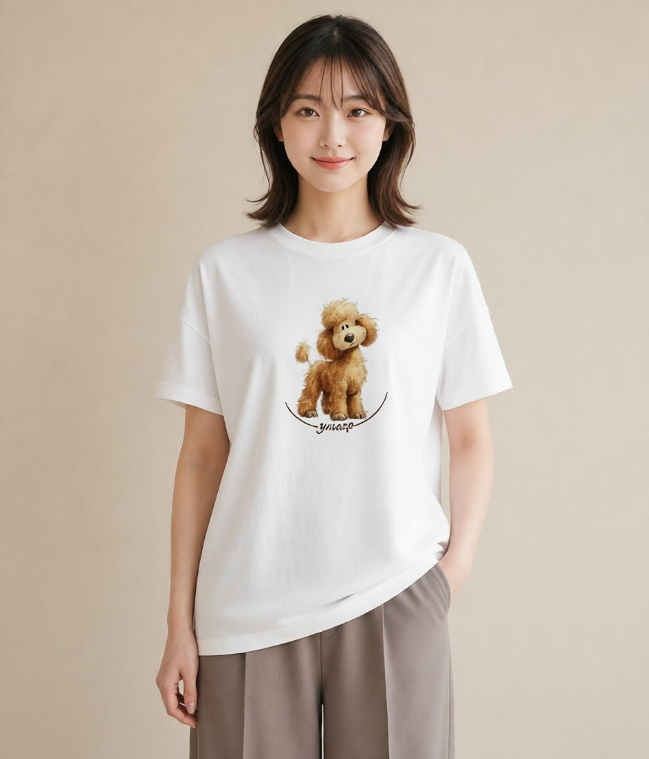 半袖Tシャツ レディース トイプードル プードル 犬 いぬ イラスト 手描き風 カジュアルコーデ 買い物 白T YMAZO