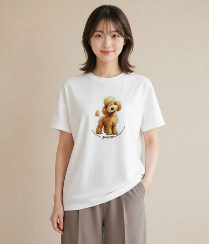 半袖Tシャツ レディース トイプードル プードル 犬 いぬ イラスト 手描き風 カジュアルコーデ 買い物 白T YMAZO