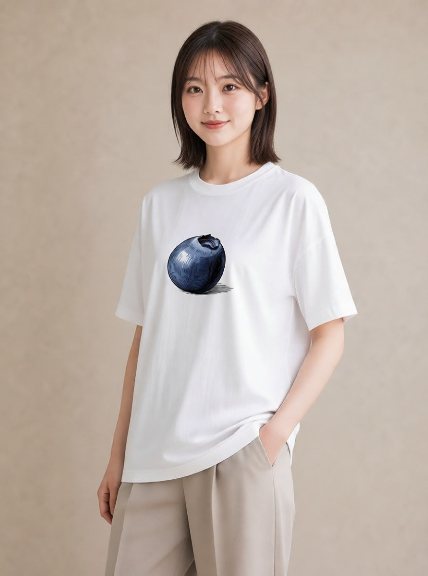 デザインTシャツ レディース ブルーベリー 食べ物 フード イラスト 可愛い 買い物 夏コーデ 白T YMAZO