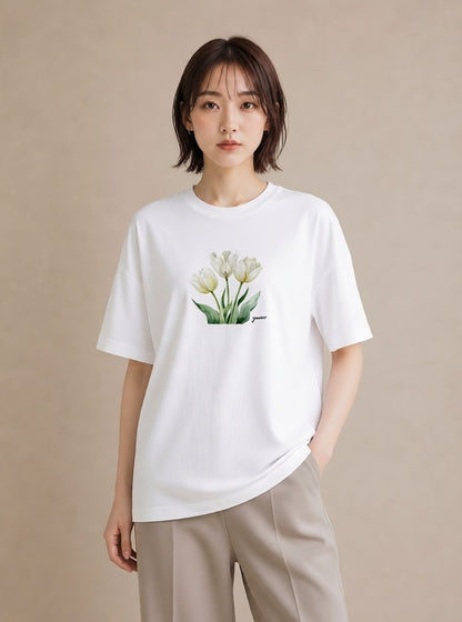 デザインTシャツ レディース チューリップ 花 花柄 イラスト 敬老の日 ホワイトデー 白T YMAZO