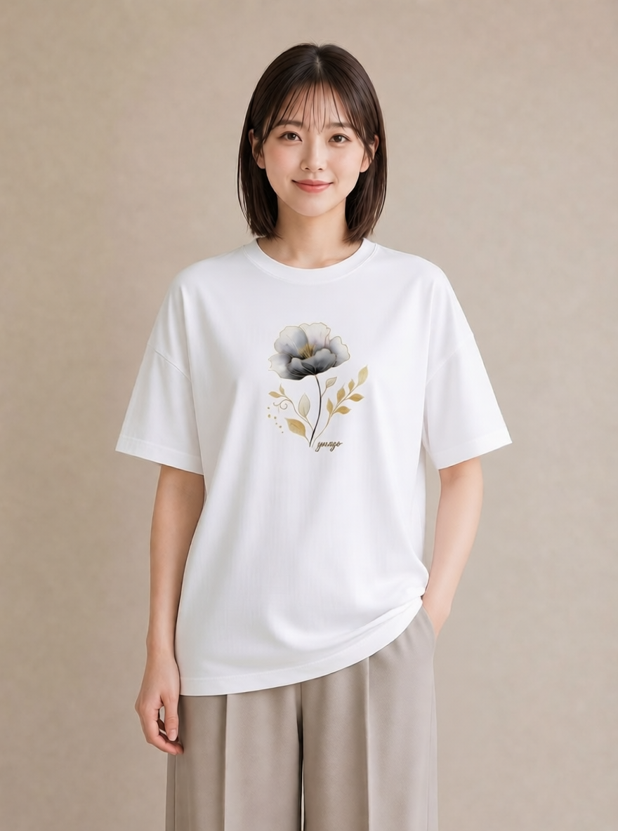 プリントTシャツ レディース 蓮 花 花柄 イラスト シック ラフ レイヤード 白T