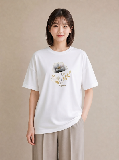プリントTシャツ レディース 蓮 花 花柄 イラスト シック ラフ レイヤード 白T