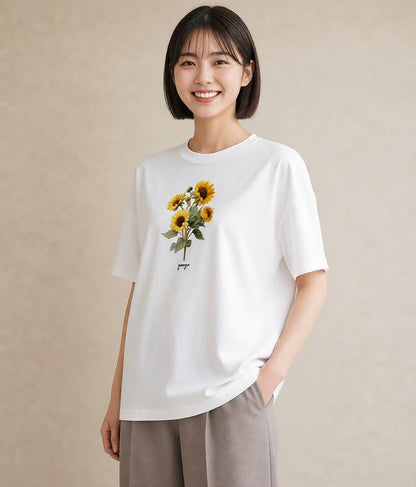 デザインTシャツ レディース ひまわり 向日葵 花 花柄 イラスト ラフカジュアル 部屋着 女性向けギフト 白T YMAZO