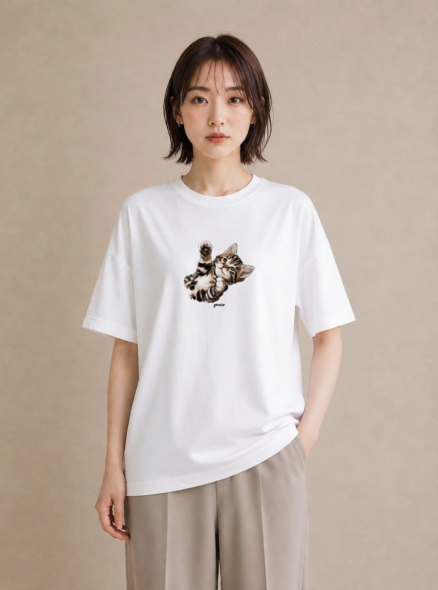 プリントTシャツ レディース ぶち猫 猫 ねこ イラスト ポップ 母娘コーデ 自分用 白T YMAZO