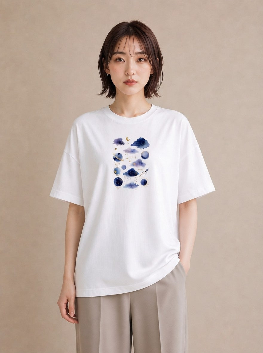 グラフィックTシャツ レディース 水瓶座 星空 宇宙 イラスト レトロ 女性 旅行用 白T YMAZO